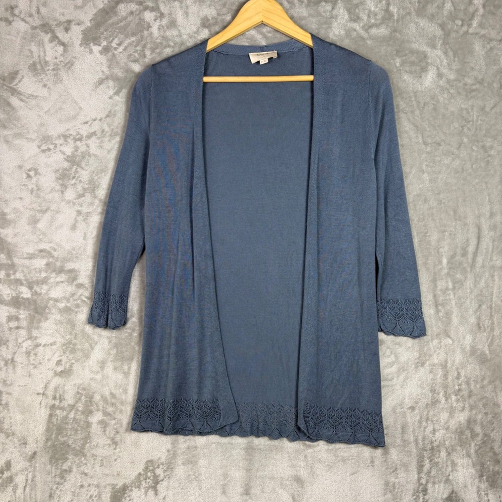Loft Cardigan Open Front Crochet Lace Trim Small P Blue Lightweight Knit Sweater